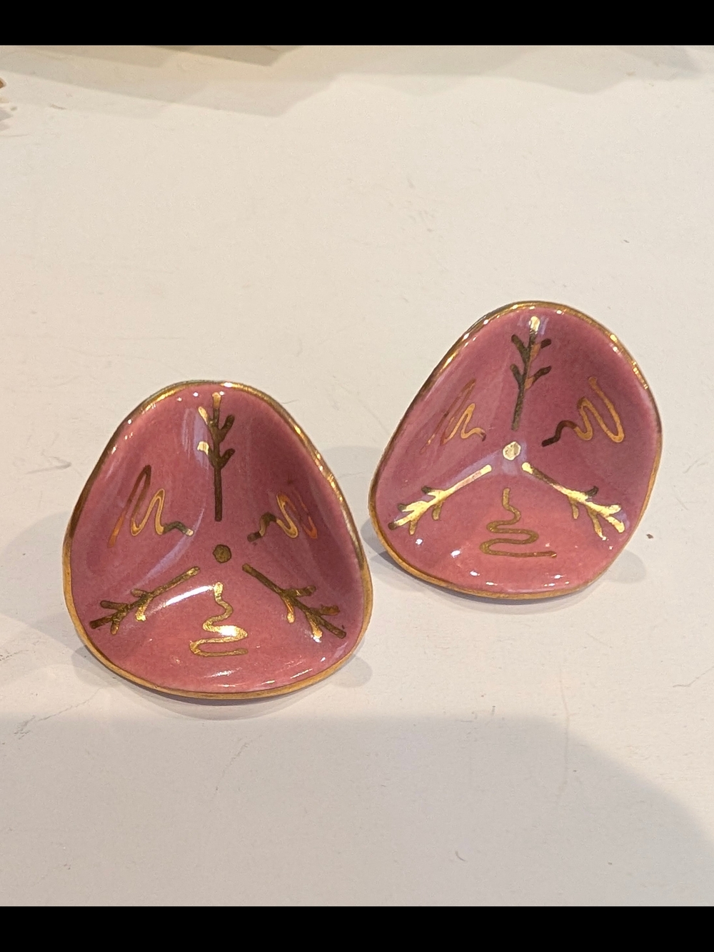 Vintage Hand-Painted Pink Enamel Gold-Accent Earrings